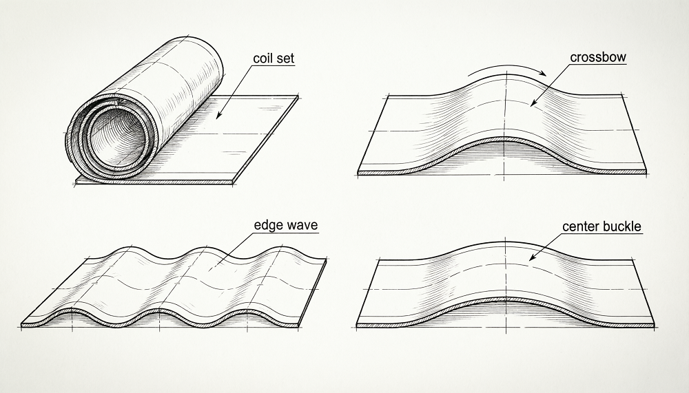 Engineering diagram illustrating four common sheet metal flatness defects: coil set, crossbow, edge wave, and center buckle